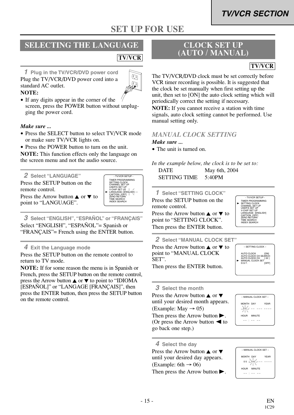 Set up for use, Selecting the language, Clock set up (auto / manual) | Manual clock setting, Tv/vcr | Sylvania RSEC720E User Manual | Page 15 / 56