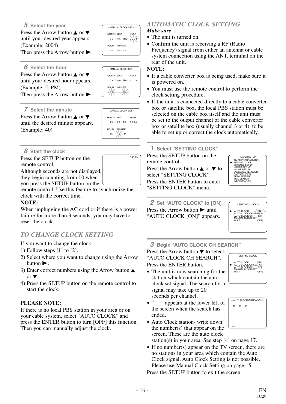 Automatic clock setting, 16 - en, Make sure | The unit is turned on | Sylvania RSEC720E User Manual | Page 16 / 56