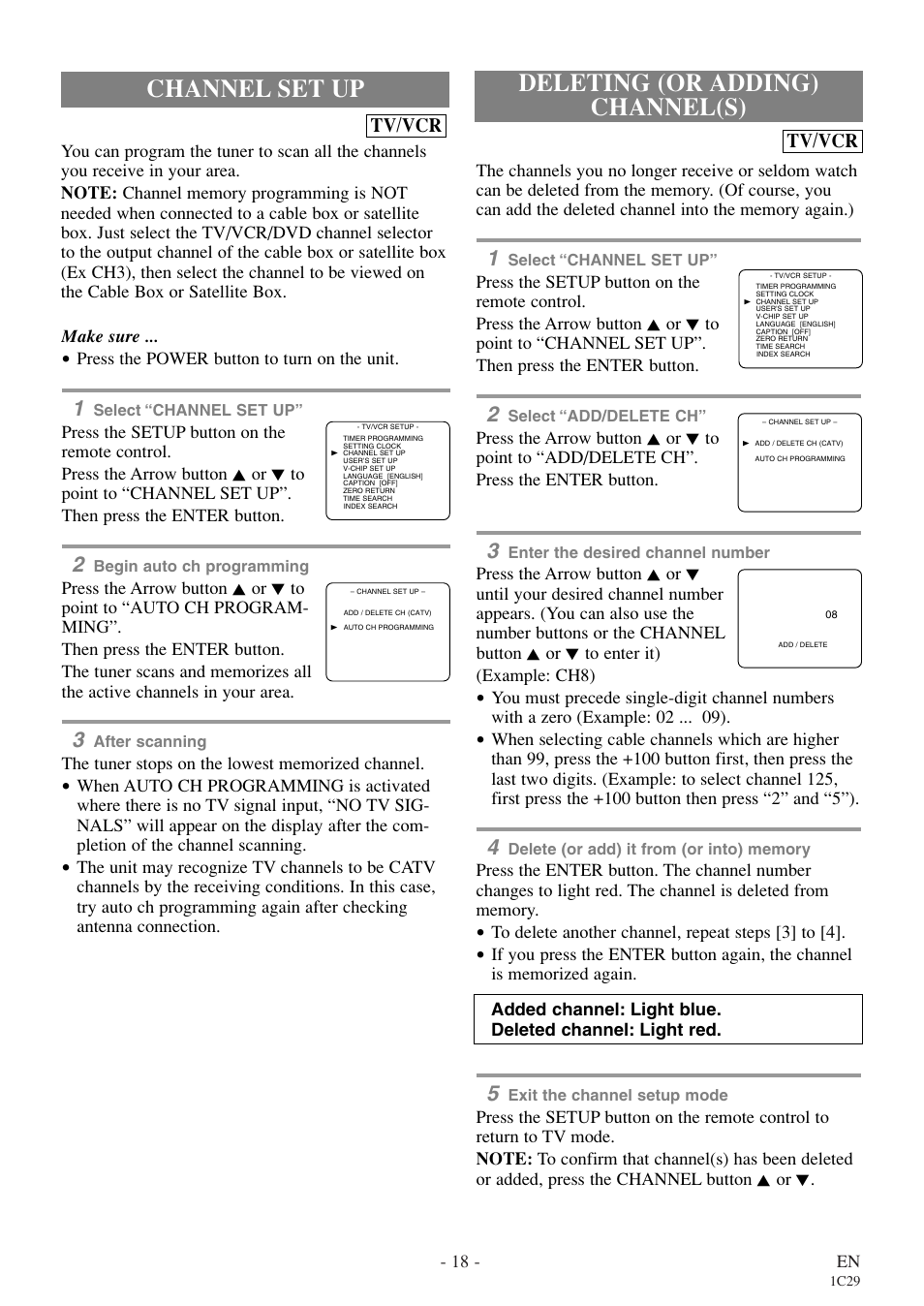 Channel set up, Deleting (or adding) channel(s), Tv/vcr | Sylvania RSEC720E User Manual | Page 18 / 56