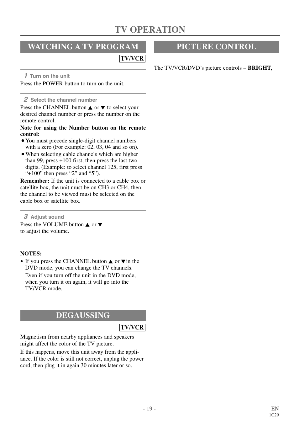 Tv operation, Degaussing, Watching a tv program | Picture control | Sylvania RSEC720E User Manual | Page 19 / 56