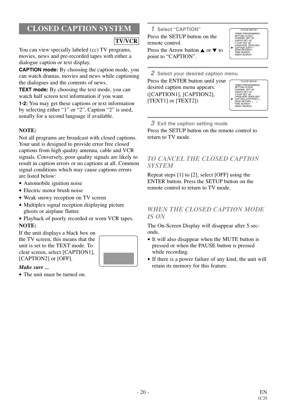 Closed caption system, When the closed caption mode is on | Sylvania RSEC720E User Manual | Page 20 / 56