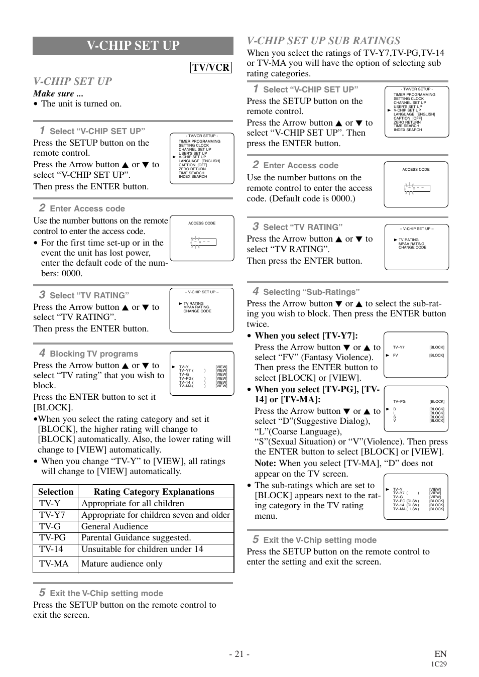 V-chip set up, V-chip set up sub ratings, Tv/vcr | 21 - en, Make sure, The unit is turned on | Sylvania RSEC720E User Manual | Page 21 / 56