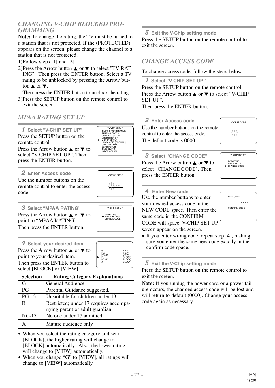 Changing v-chip blocked pro- gramming, Mpaa rating set up 1, Change access code | Sylvania RSEC720E User Manual | Page 22 / 56