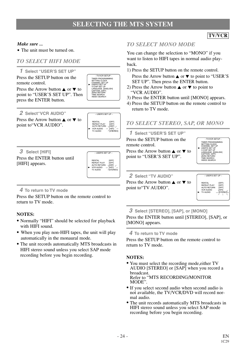 Selecting the mts system, Tv/vcr, 24 - en | Make sure, The unit must be turned on, Press the enter button until [hifi] appears, Press the arrow button k or l to point to“tv audio | Sylvania RSEC720E User Manual | Page 24 / 56