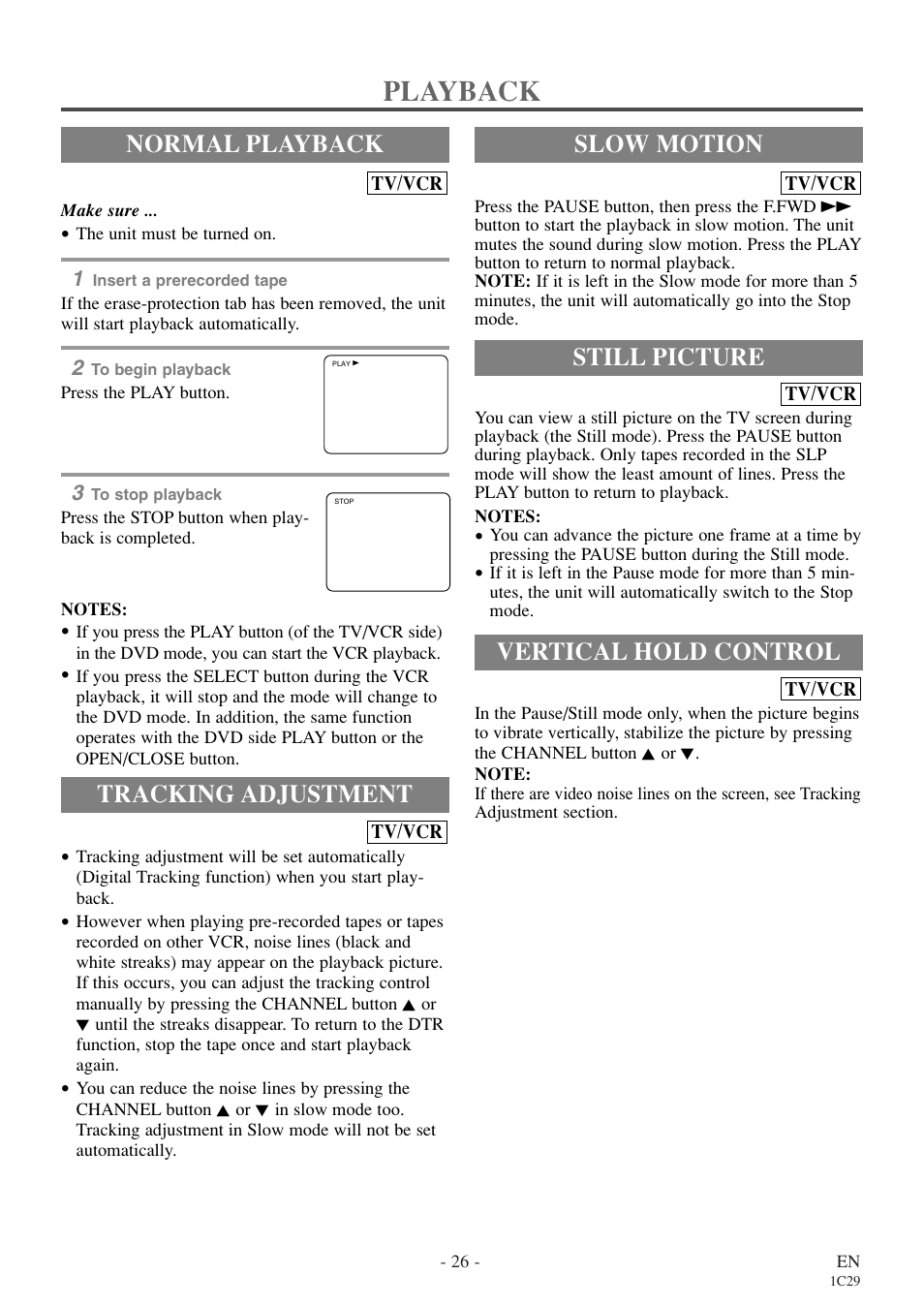 Playback, Normal playback, Tracking adjustment | Still picture, Vertical hold control, Slow motion | Sylvania RSEC720E User Manual | Page 26 / 56
