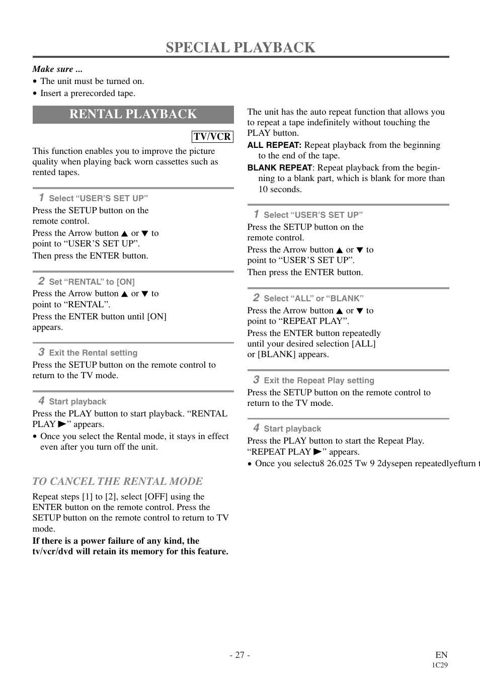 Special playback, Rental playback | Sylvania RSEC720E User Manual | Page 27 / 56