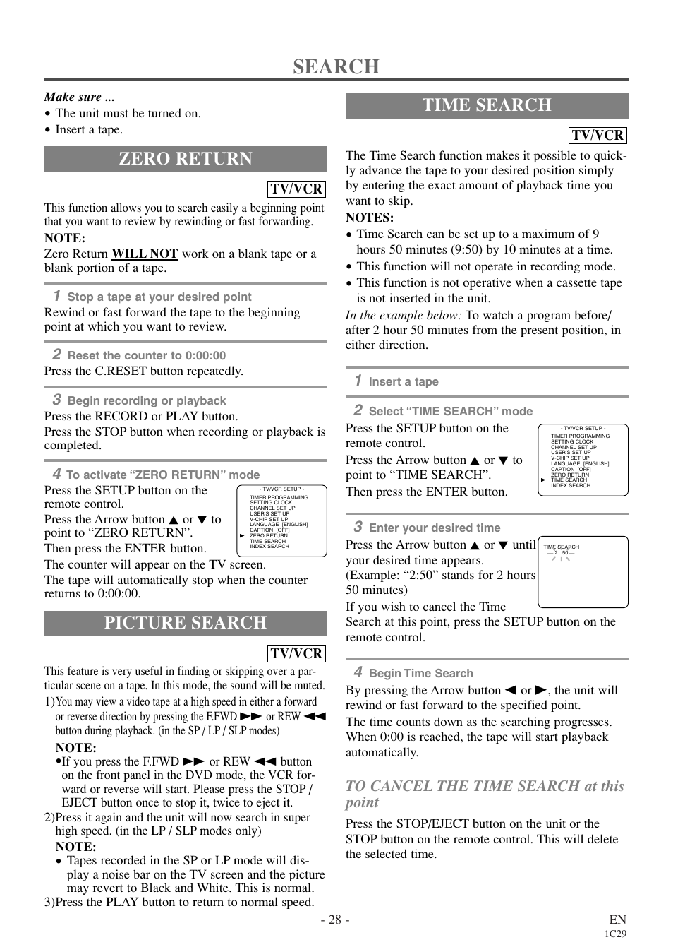 Search, Zero return, Picture search | Time search | Sylvania RSEC720E User Manual | Page 28 / 56