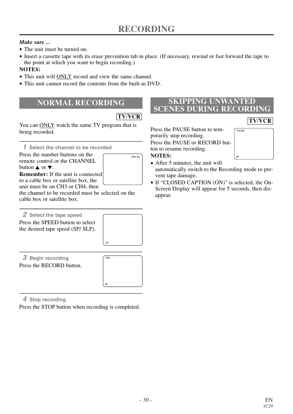 Recording, Normal recording, Skipping unwanted scenes during recording | Sylvania RSEC720E User Manual | Page 30 / 56
