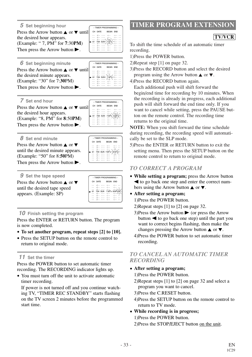 Timer program extension, Tv/vcr, 33 - en | Set beginning hour, Set beginning minute, Set end hour, Set end minute, Set the tape speed, Finish setting the program, Set the timer | Sylvania RSEC720E User Manual | Page 33 / 56