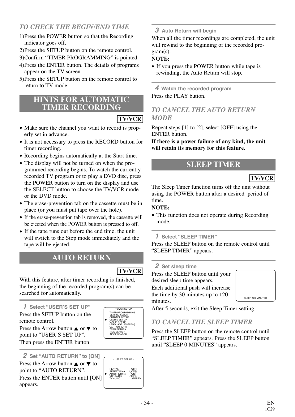 Hints for automatic timer recording, Auto return, Sleep timer | Sylvania RSEC720E User Manual | Page 34 / 56