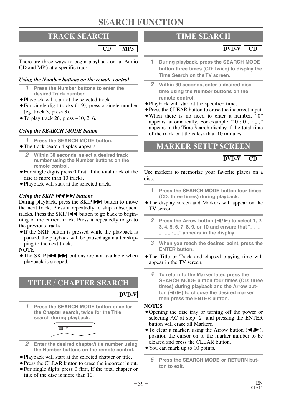 Search function, Track search, Title / chapter search | Time search, Marker setup screen | Sylvania RSEC720E User Manual | Page 39 / 56