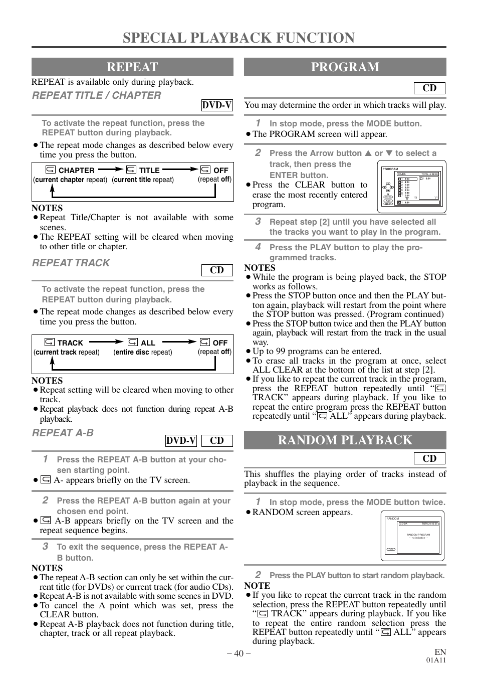 Special playback function, Repeat, Program | Random playback | Sylvania RSEC720E User Manual | Page 40 / 56