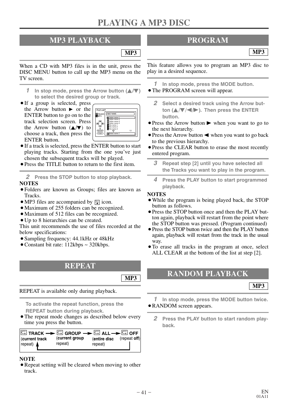 Playing a mp3 disc, Mp3 playback, Random playback | Program repeat | Sylvania RSEC720E User Manual | Page 41 / 56