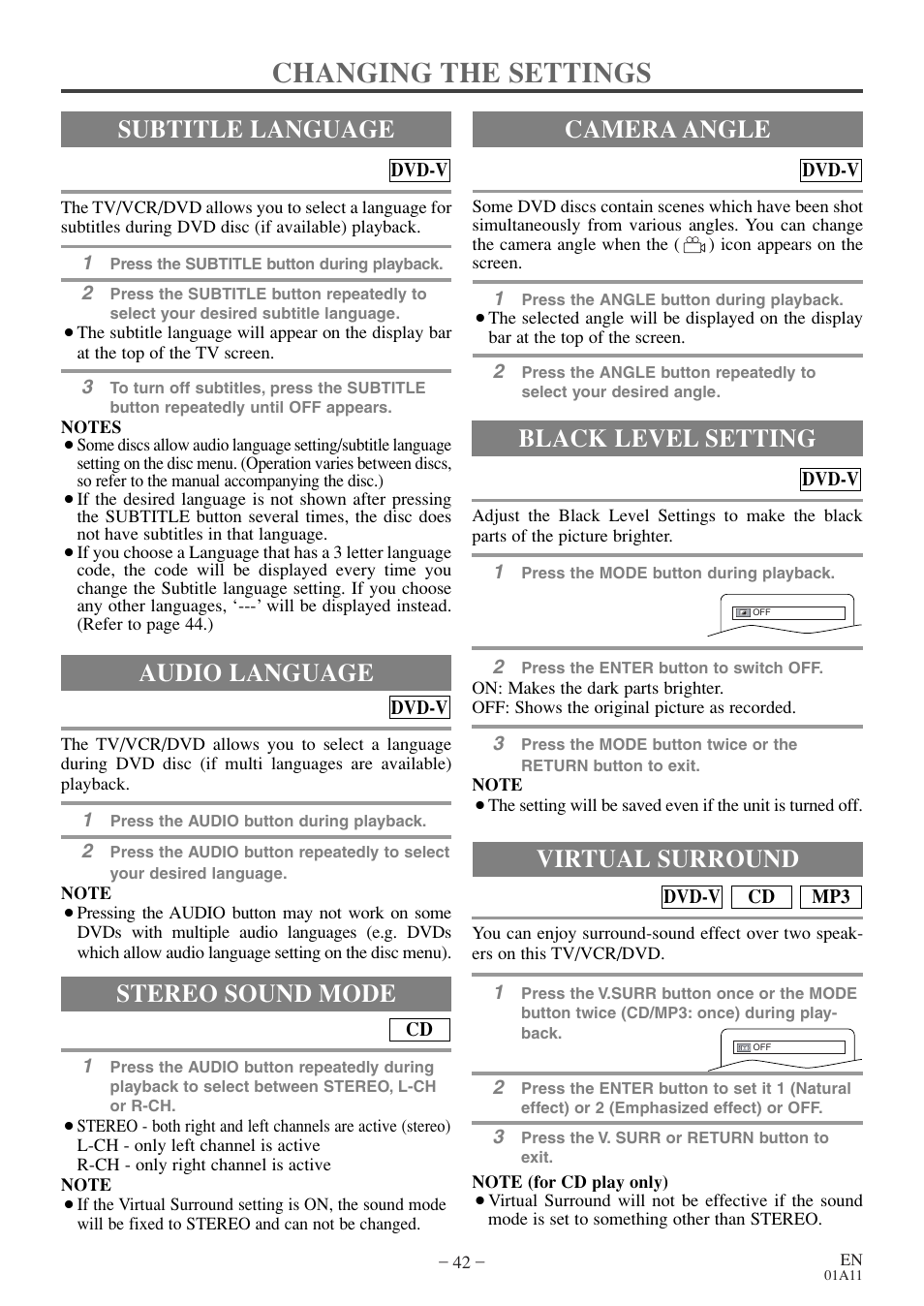 Changing the settings, Audio language, Stereo sound mode | Subtitle language camera angle, Black level setting, Virtual surround | Sylvania RSEC720E User Manual | Page 42 / 56