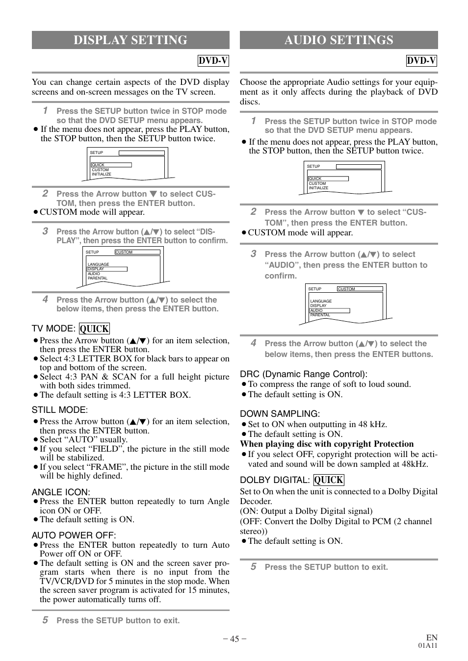 Audio settings, Display setting | Sylvania RSEC720E User Manual | Page 45 / 56