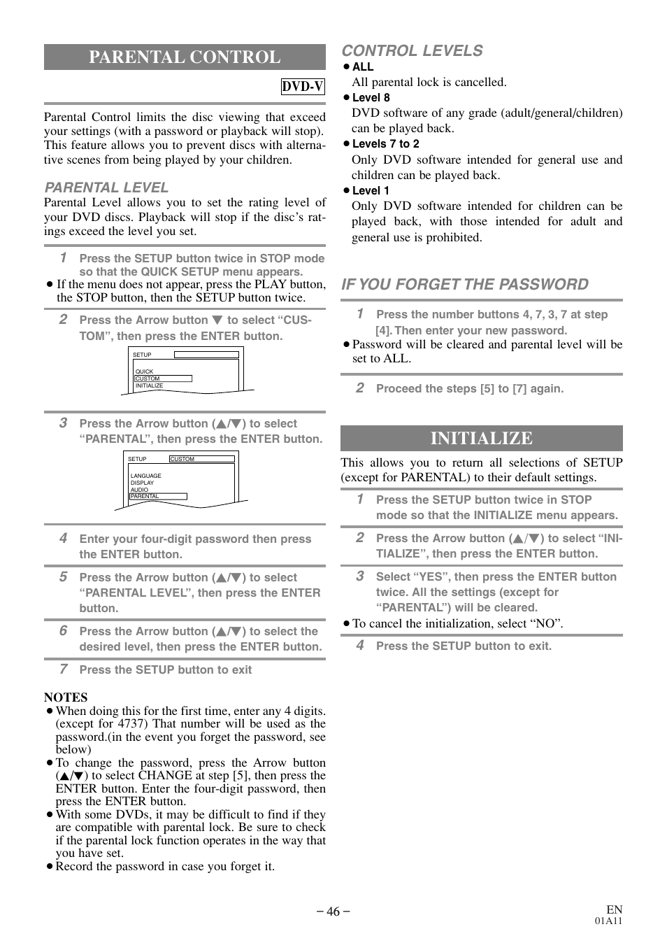 Parental control, Initialize, Control levels | If you forget the password | Sylvania RSEC720E User Manual | Page 46 / 56