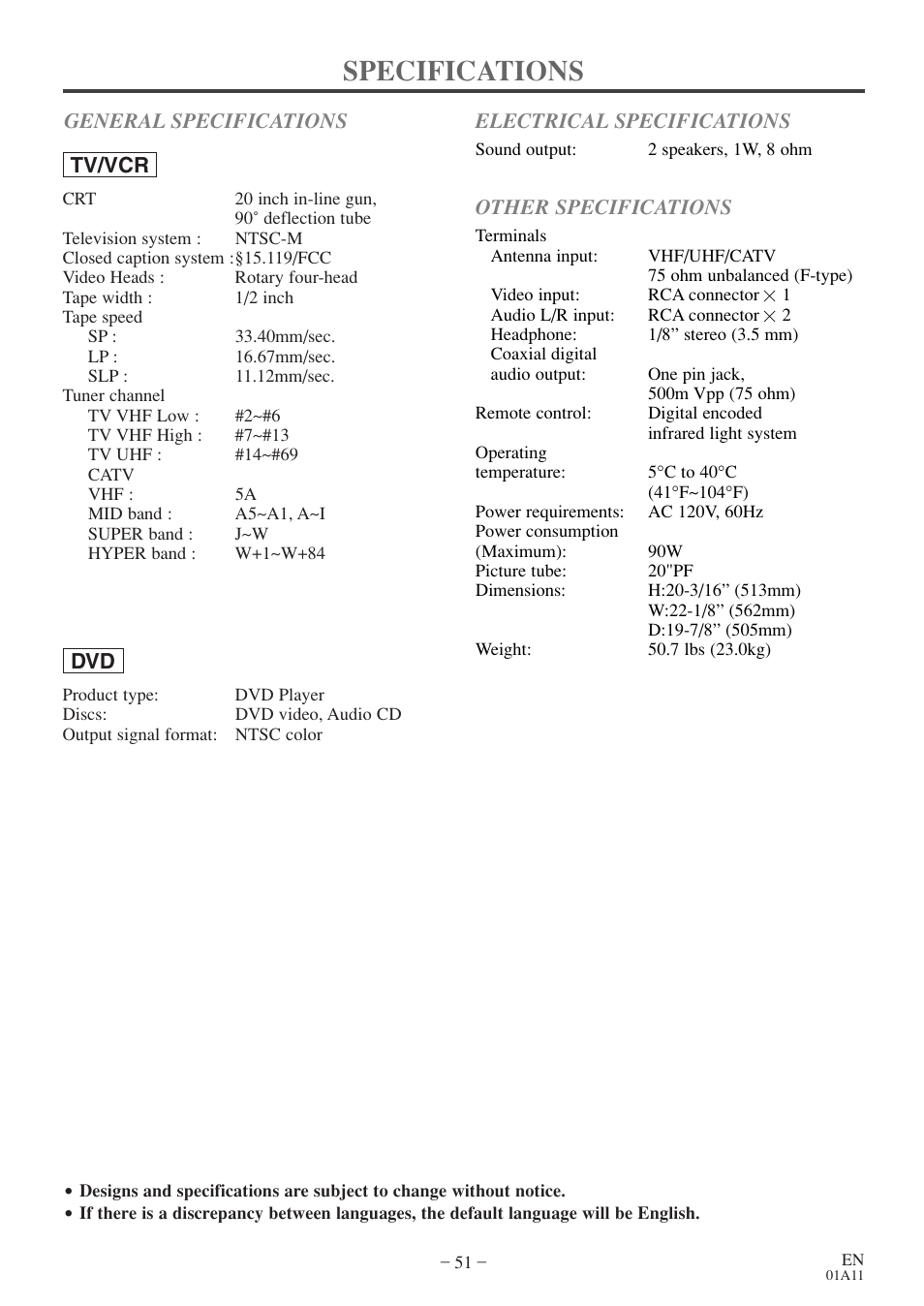 Specifications, Other specifications | Sylvania RSEC720E User Manual | Page 51 / 56