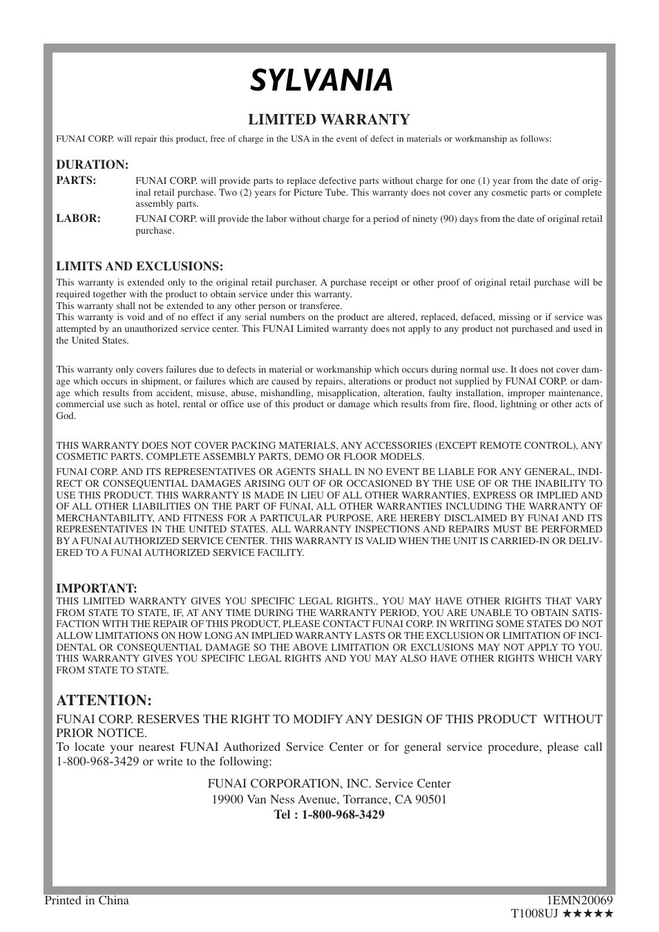 Sylvania, Limited warranty, Attention | Sylvania RSEC720E User Manual | Page 56 / 56