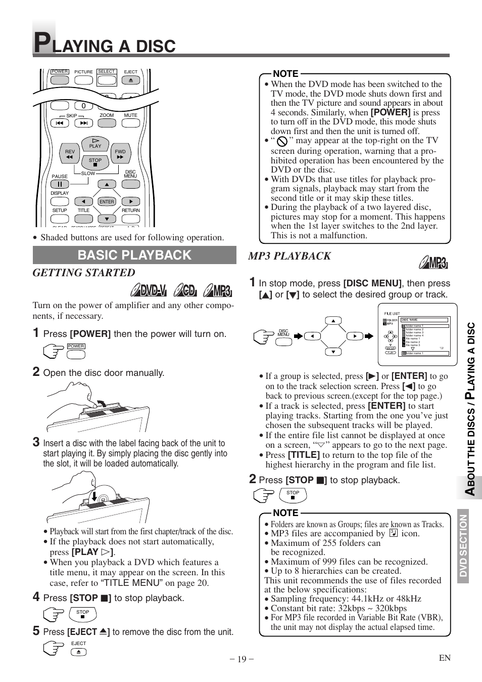Laying a disc, Basic playback, Getting started | Mp3 playback | Sylvania 6620 LDF User Manual | Page 19 / 48