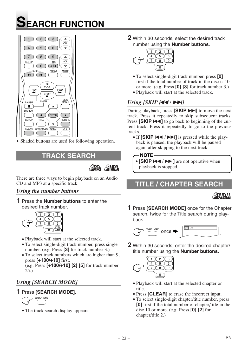 Earch function, Track search title / chapter search, Using the number buttons | Using [search mode, Using [skip h / g | Sylvania 6620 LDF User Manual | Page 22 / 48