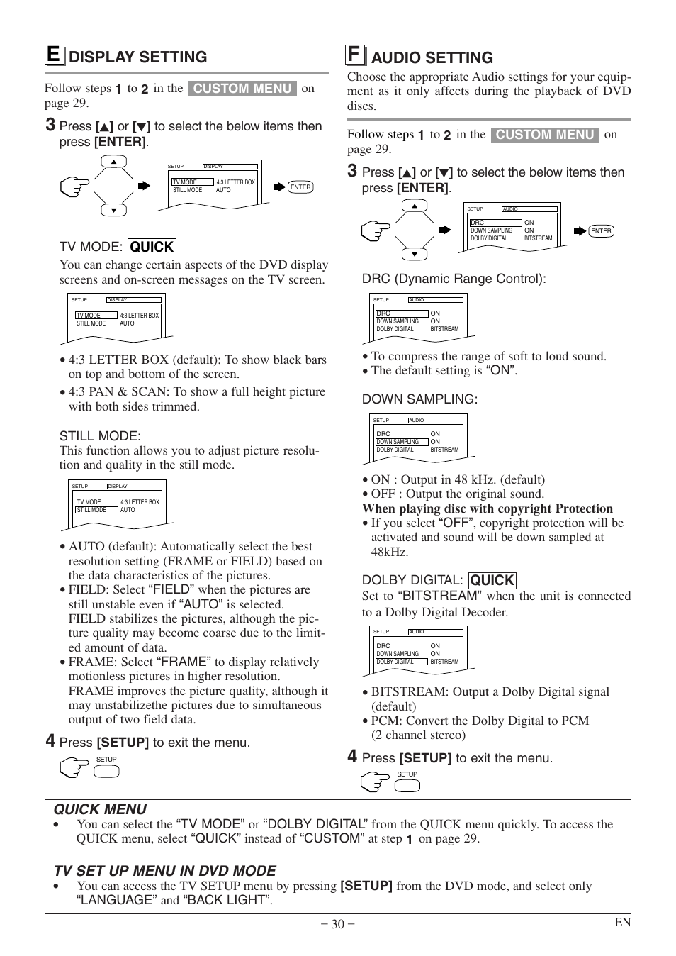 Display setting, Audio setting, Quick | Tv set up menu in dvd mode, Quick menu | Sylvania 6620 LDF User Manual | Page 30 / 48