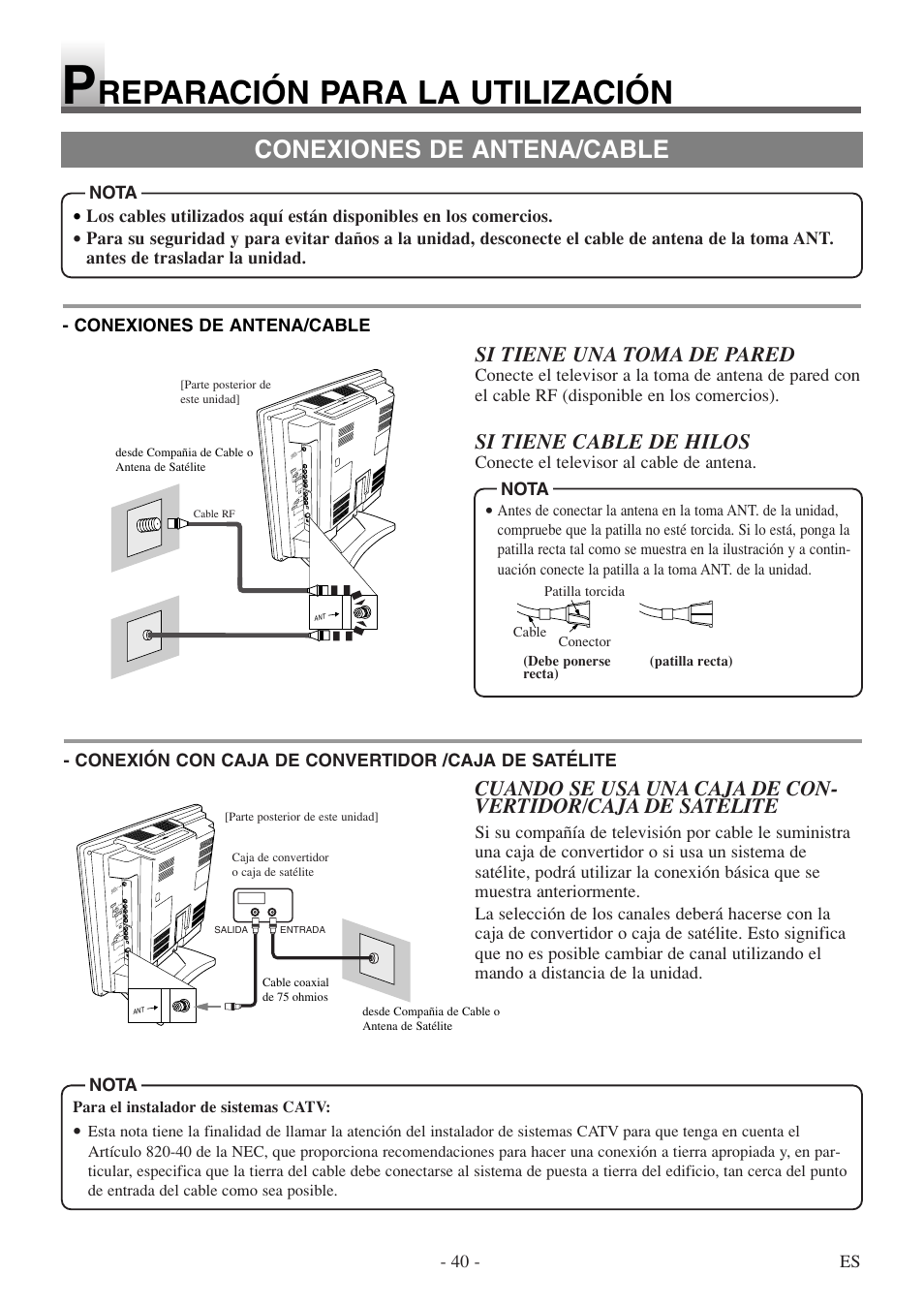 Reparación para la utilización, Conexiones de antena/cable, Si tiene una toma de pared | Si tiene cable de hilos | Sylvania 6620 LDF User Manual | Page 40 / 48