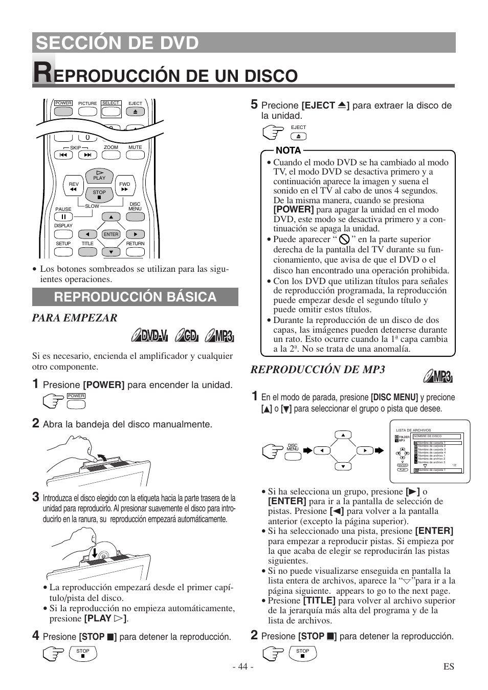 Sección de dvd, Eproducción de un disco, Reproducción básica | Para empezar, Reproducción de mp3 | Sylvania 6620 LDF User Manual | Page 44 / 48