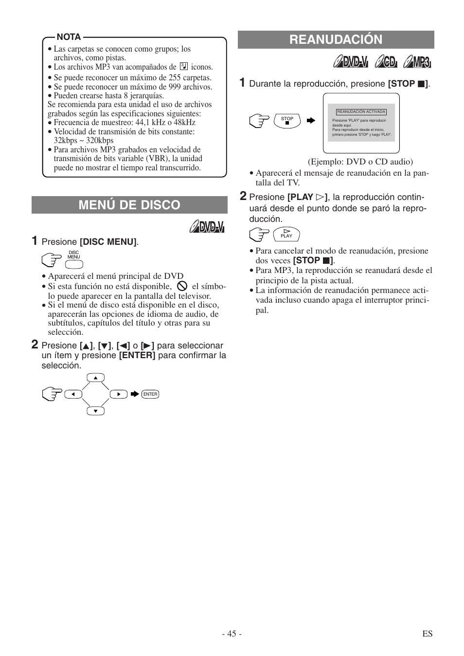 Reanudación menú de disco | Sylvania 6620 LDF User Manual | Page 45 / 48