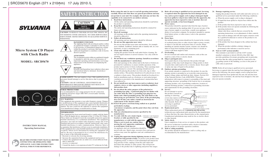 Sylvania SRCD5670 User Manual | 2 pages