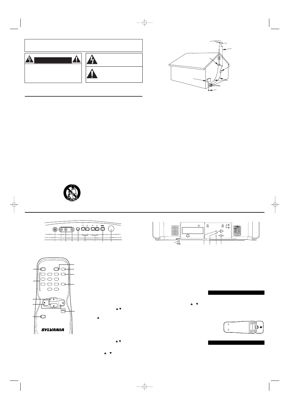 Importante para su seguridad, Controles de operación y sus funciones, Advertencia | Panel delantero - - panel trasero, Control remoto, Instalacion de las pilas, Modo de entrada externa | Sylvania SRT2223X User Manual | Page 6 / 8