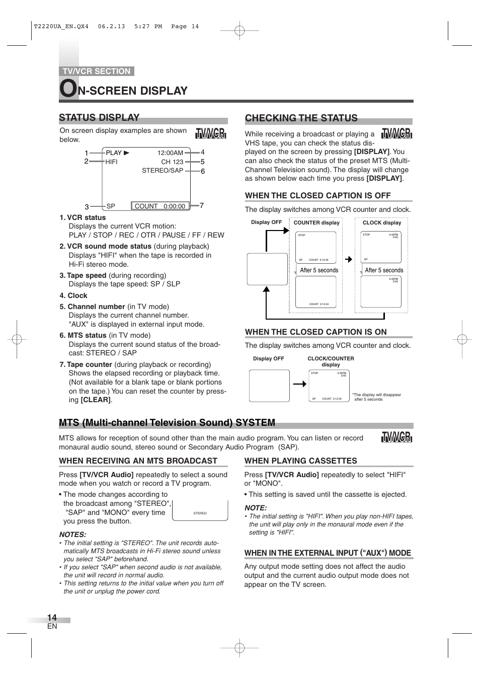 Tv/vcr, N-screen display, Mts (multi-channel television sound) system | Status display, Checking the status | Sylvania 6724FDG User Manual | Page 14 / 44