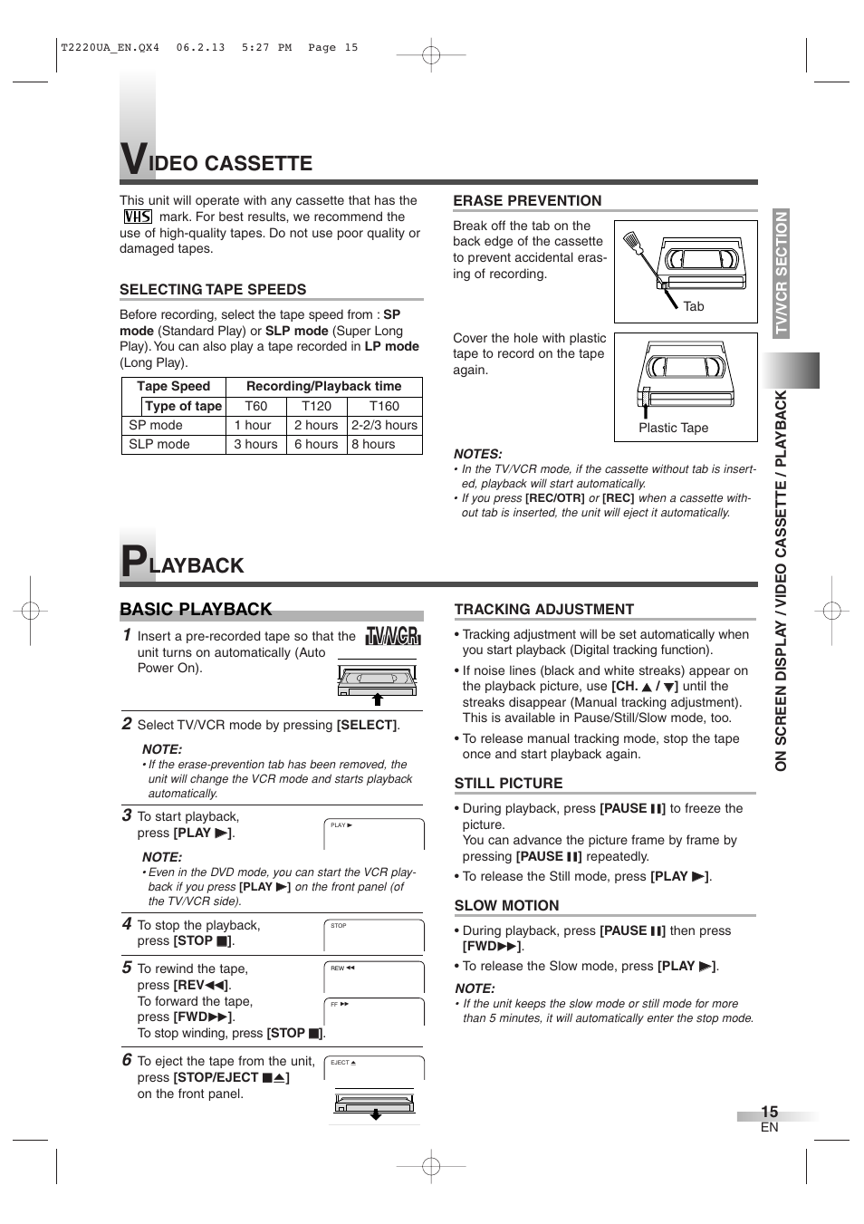 Tv/vcr, Ideo cassette, Layback | Basic playback | Sylvania 6724FDG User Manual | Page 15 / 44