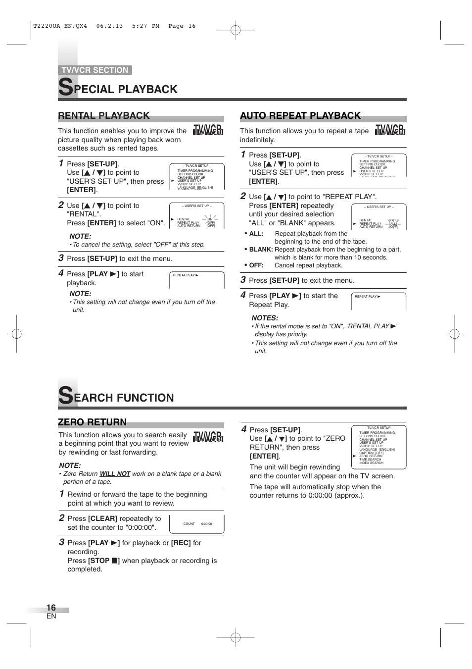 Tv/vcr, Pecial playback, Earch function | Rental playback, Auto repeat playback, Zero return | Sylvania 6724FDG User Manual | Page 16 / 44