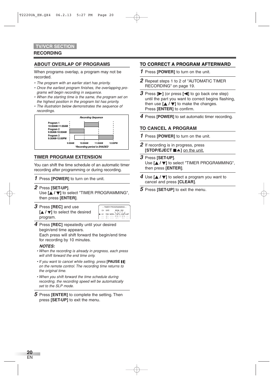 Timer program extension, About overlap of programs | Sylvania 6724FDG User Manual | Page 20 / 44
