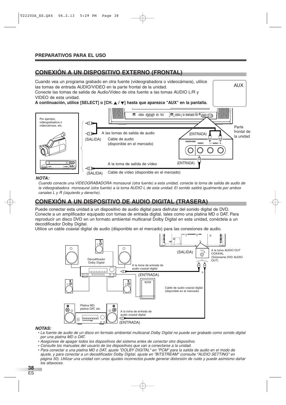 Conexión a un dispositivo externo (frontal), Preparativos para el uso, Nota | Notas | Sylvania 6724FDG User Manual | Page 38 / 44