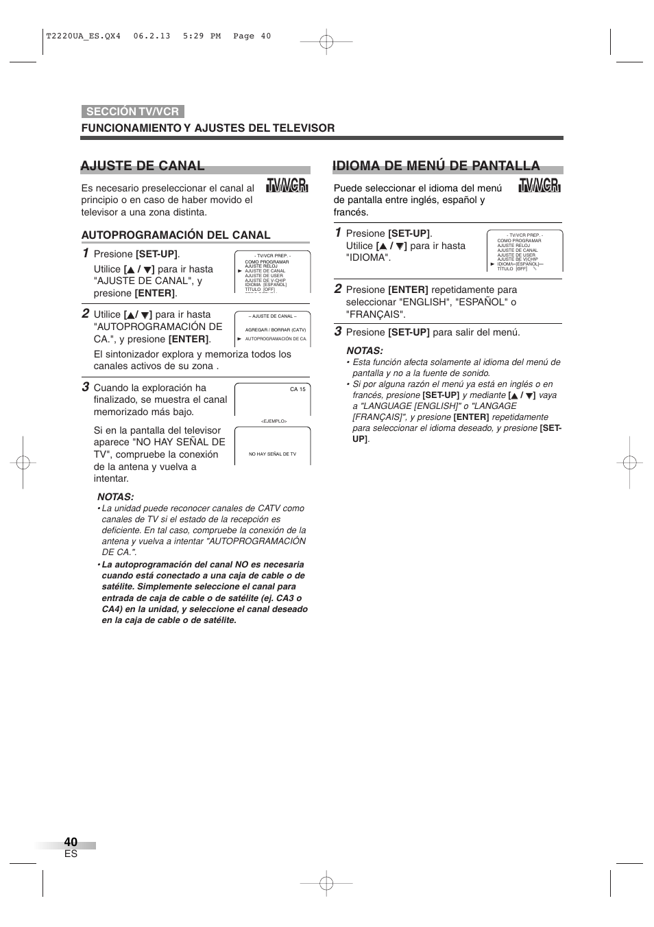 Tv/vcr, Ajuste de canal, Idioma de menú de pantalla | Sylvania 6724FDG User Manual | Page 40 / 44