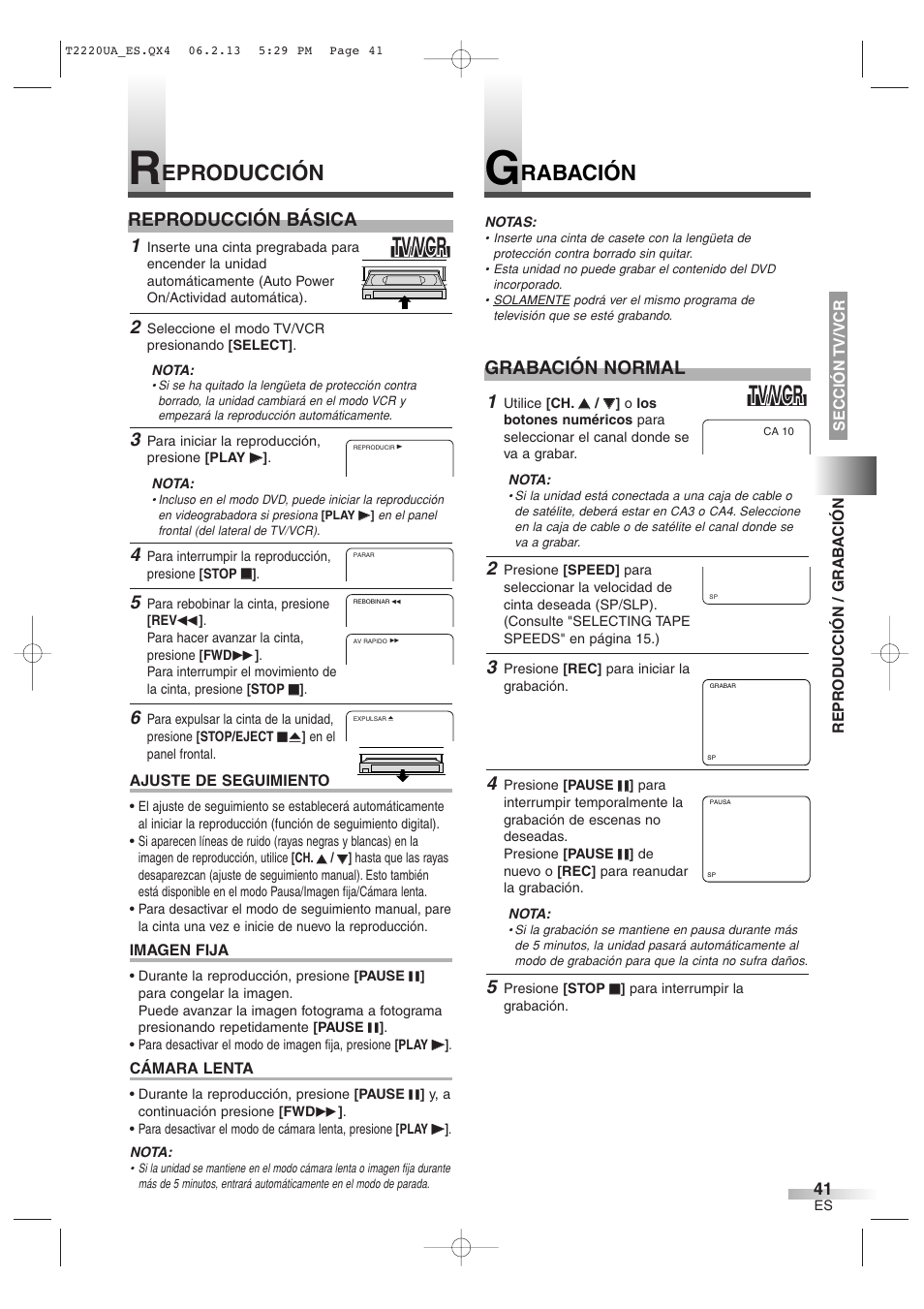 Tv/vcr, Eproducción, Rabación | Grabación normal, Reproducción básica | Sylvania 6724FDG User Manual | Page 41 / 44