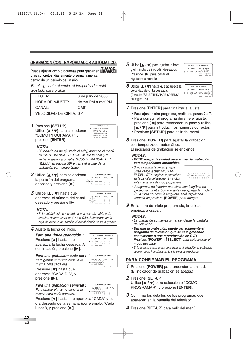 Tv/vcr, Grabación con temporizador automático, Para confirmar el programa | Utilice, Hasta que aparezca la velocidad de cinta deseada, Presione [set-up] . utilice, Presione [set-up] para salir del menú, Presione | Sylvania 6724FDG User Manual | Page 42 / 44