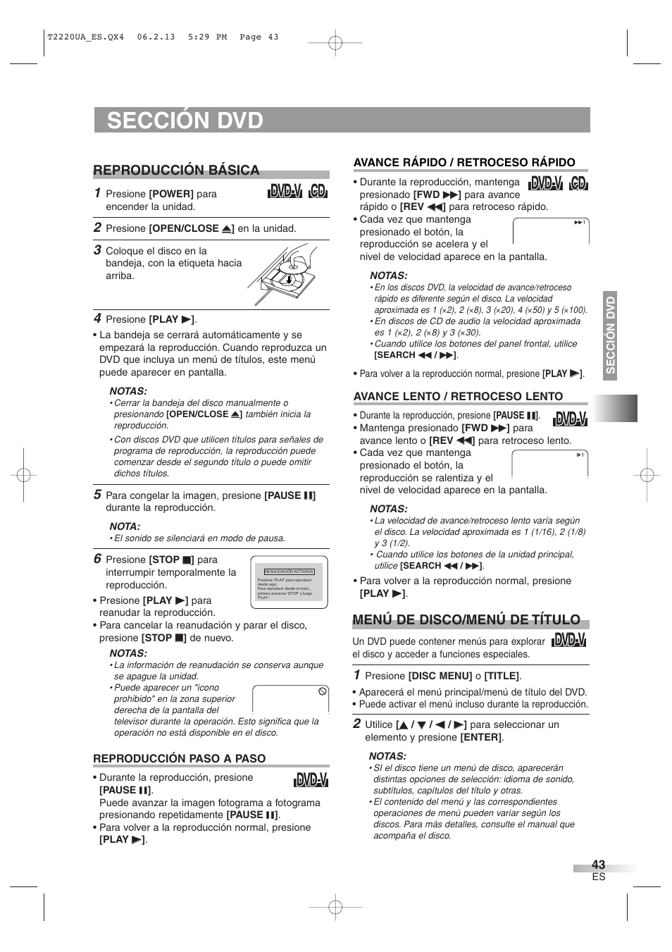 Sección dvd, Reproducción básica, Menú de disco/menú de título | Sylvania 6724FDG User Manual | Page 43 / 44