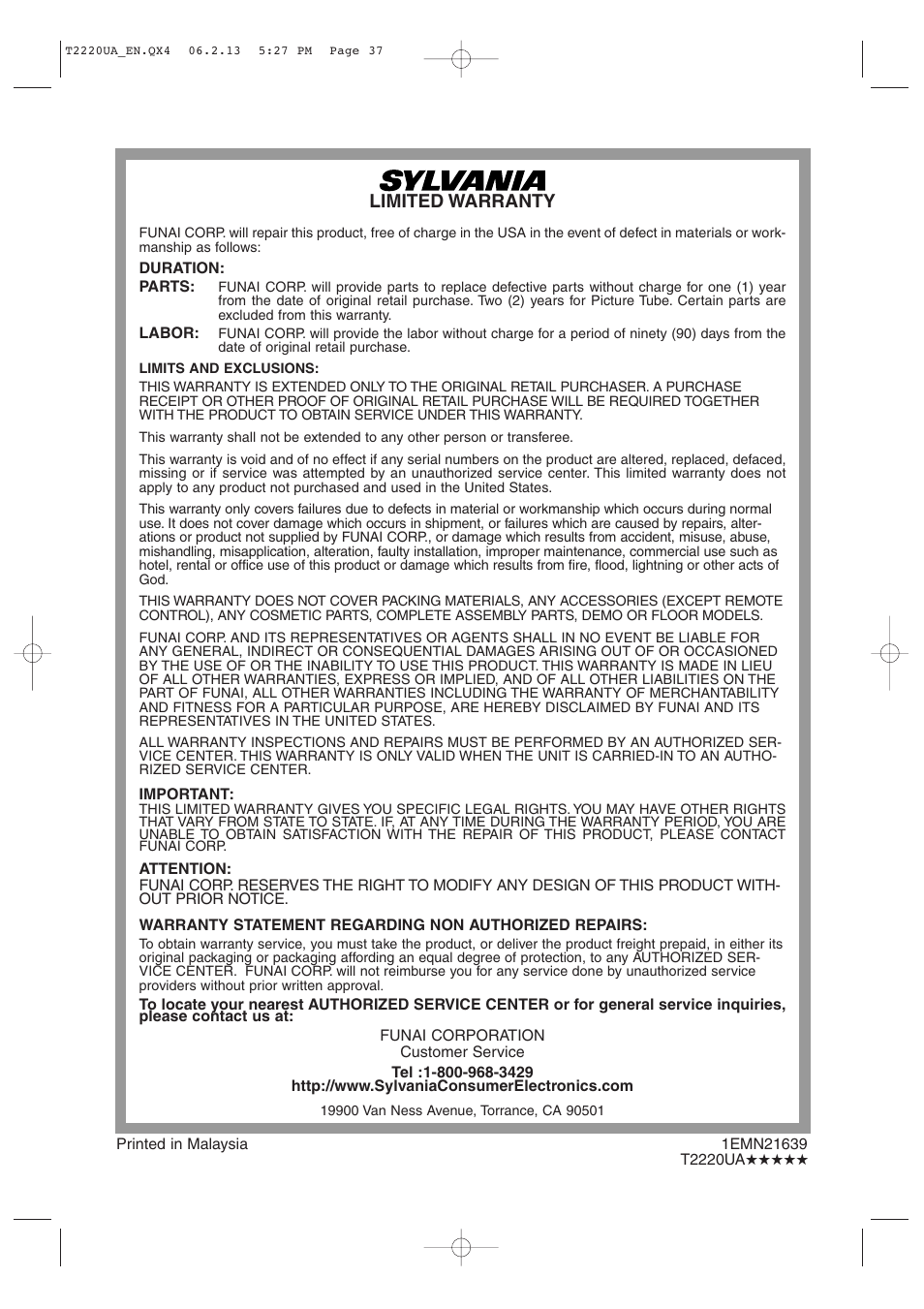 Limited warranty | Sylvania 6724FDG User Manual | Page 44 / 44