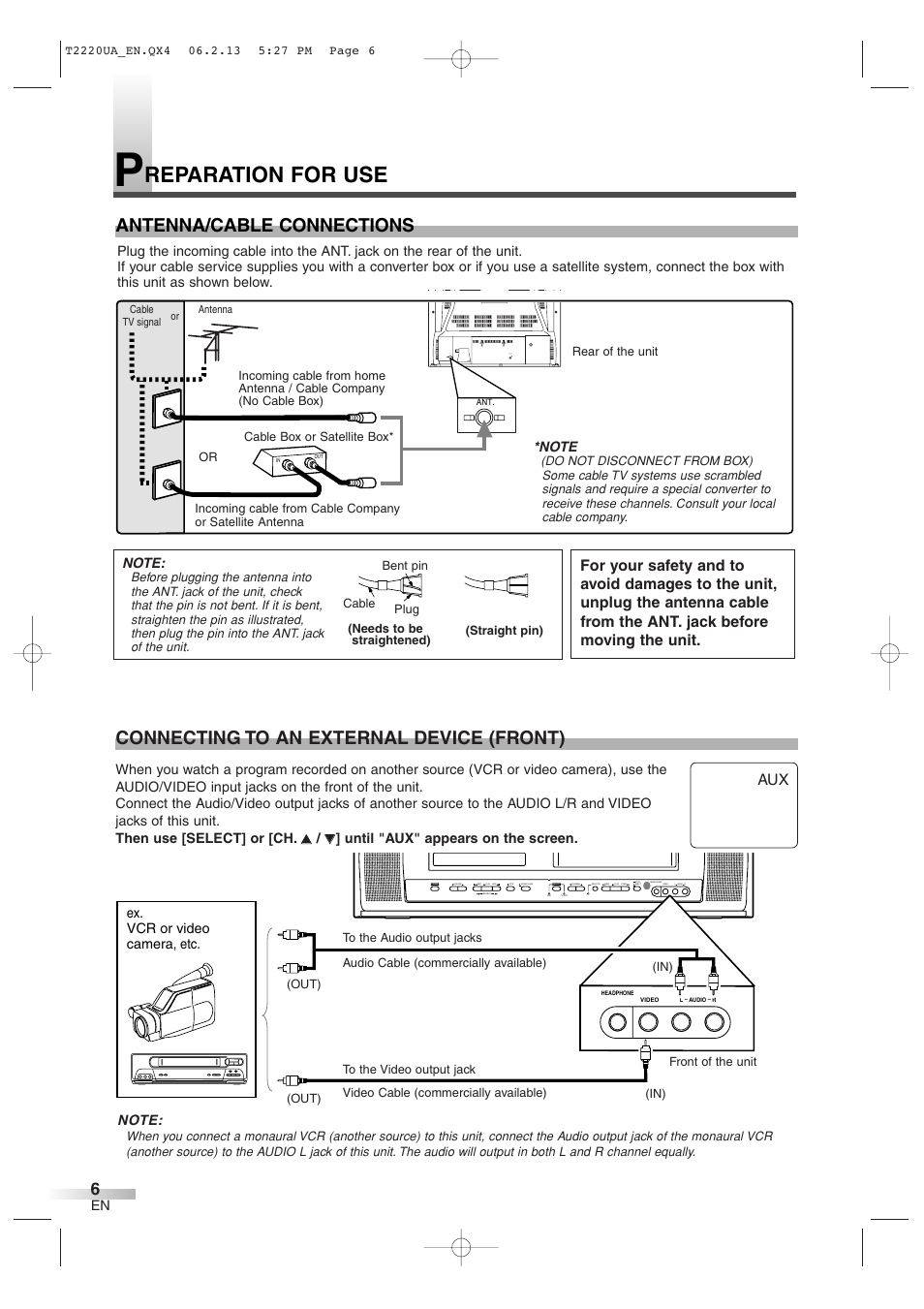 Reparation for use, Antenna/cable connections, Connecting to an external device (front) | Ant. audio out coaxial, Ex. vcr or video camera, etc | Sylvania 6724FDG User Manual | Page 6 / 44