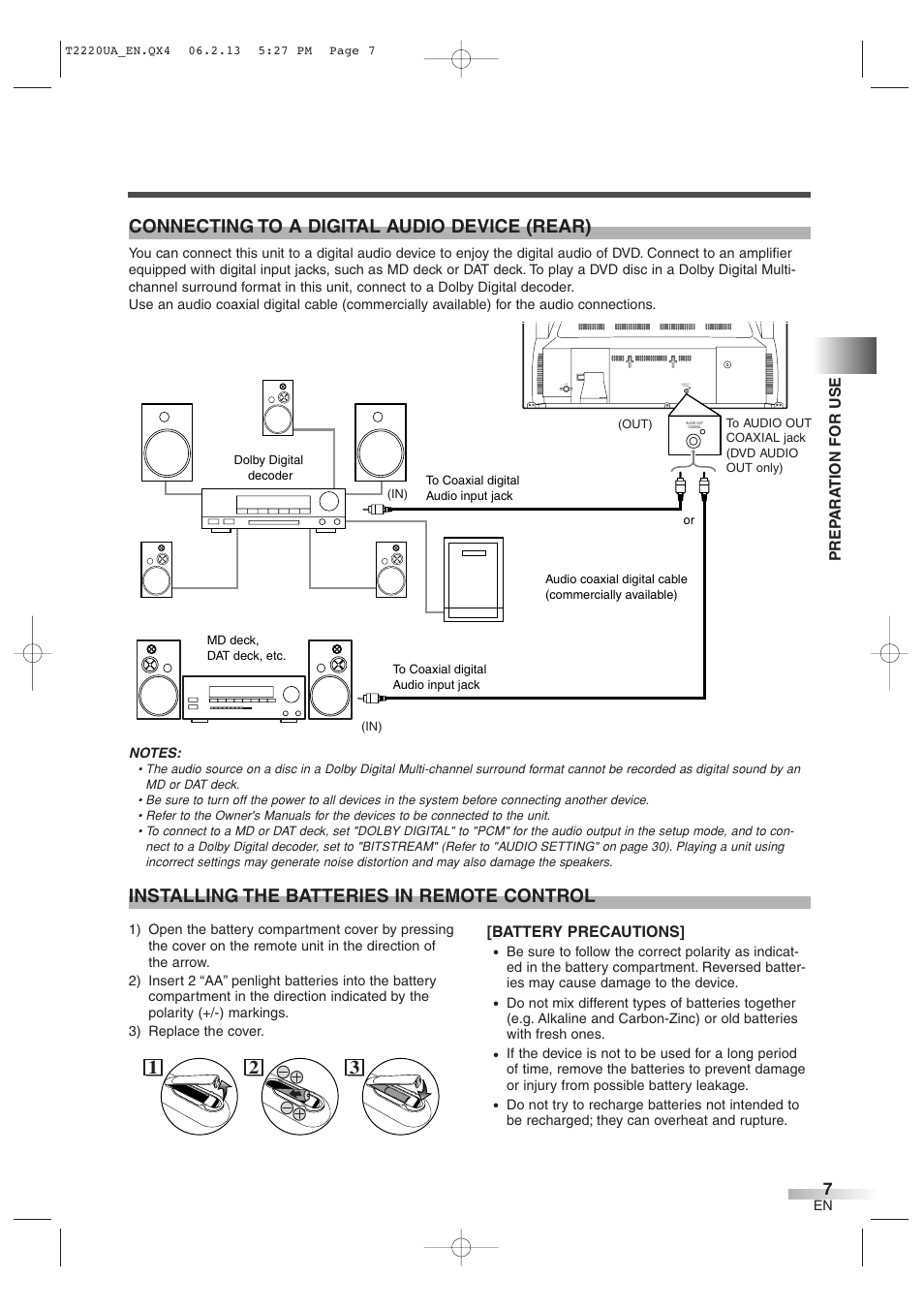 Connecting to a digital audio device (rear), 21 3 installing the batteries in remote control | Sylvania 6724FDG User Manual | Page 7 / 44