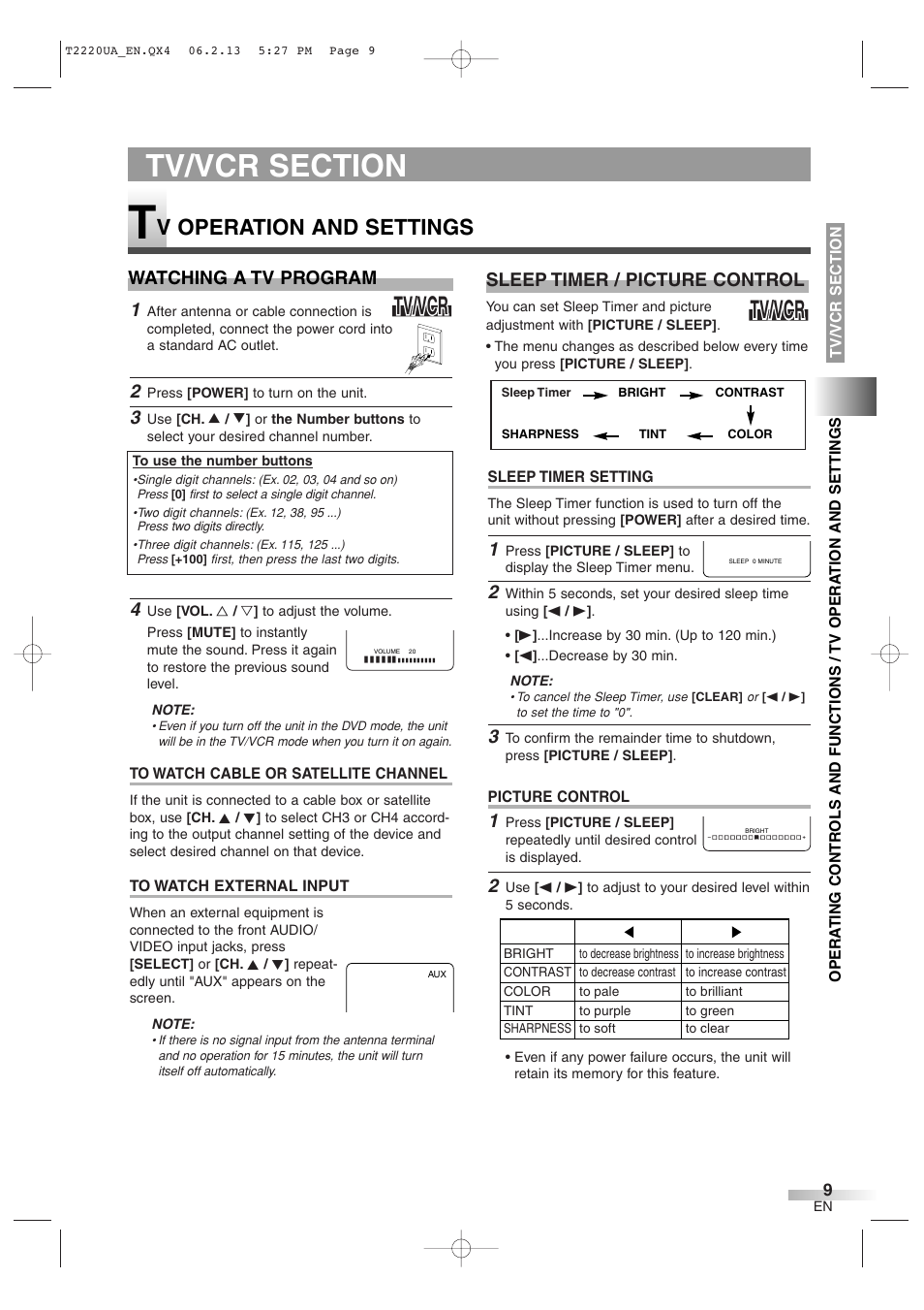 Tv/vcr, V operation and settings, Watching a tv program | Sleep timer / picture control | Sylvania 6724FDG User Manual | Page 9 / 44