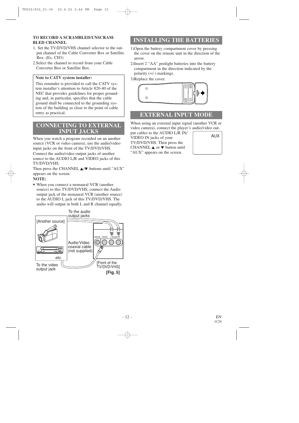 Installing the batteries, External input mode, Connecting to external input jacks | Sylvania 19 Inch SSC719C User Manual | Page 12 / 64