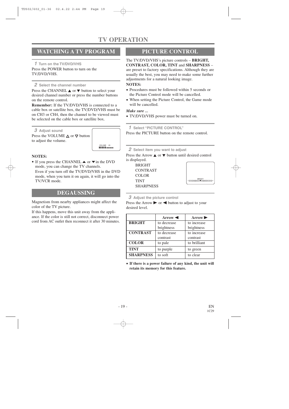 Tv operation, Degaussing, Watching a tv program | Picture control | Sylvania 19 Inch SSC719C User Manual | Page 19 / 64