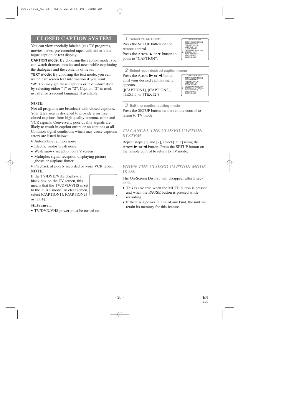 Closed caption system | Sylvania 19 Inch SSC719C User Manual | Page 20 / 64