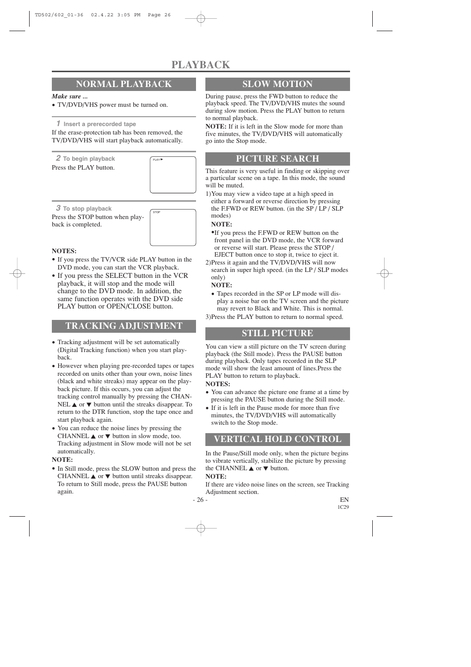 Playback, Normal playback, Tracking adjustment | Picture search, Still picture, Vertical hold control, Slow motion | Sylvania 19 Inch SSC719C User Manual | Page 26 / 64