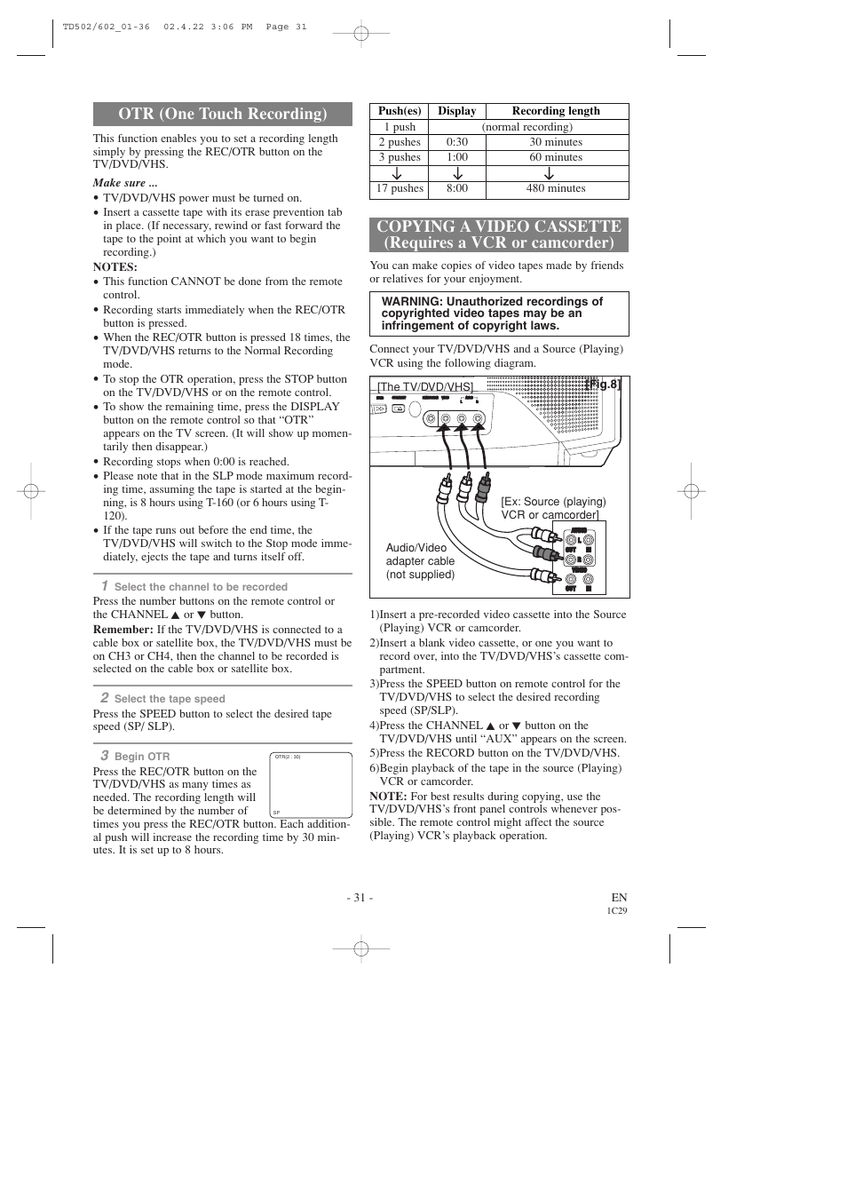 Otr (one touch recording) | Sylvania 19 Inch SSC719C User Manual | Page 31 / 64