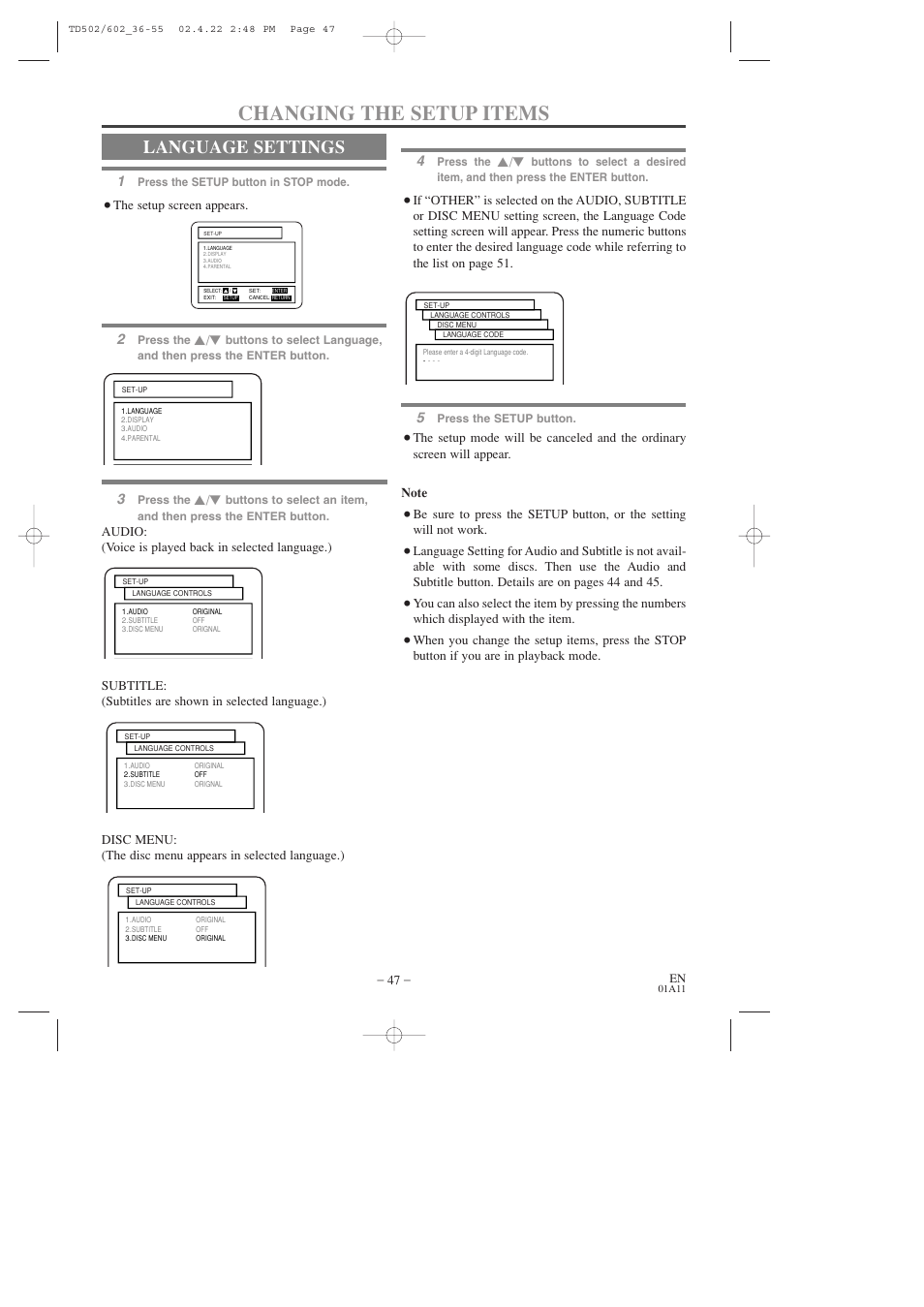 Changing the setup items, Language settings | Sylvania 19 Inch SSC719C User Manual | Page 47 / 64