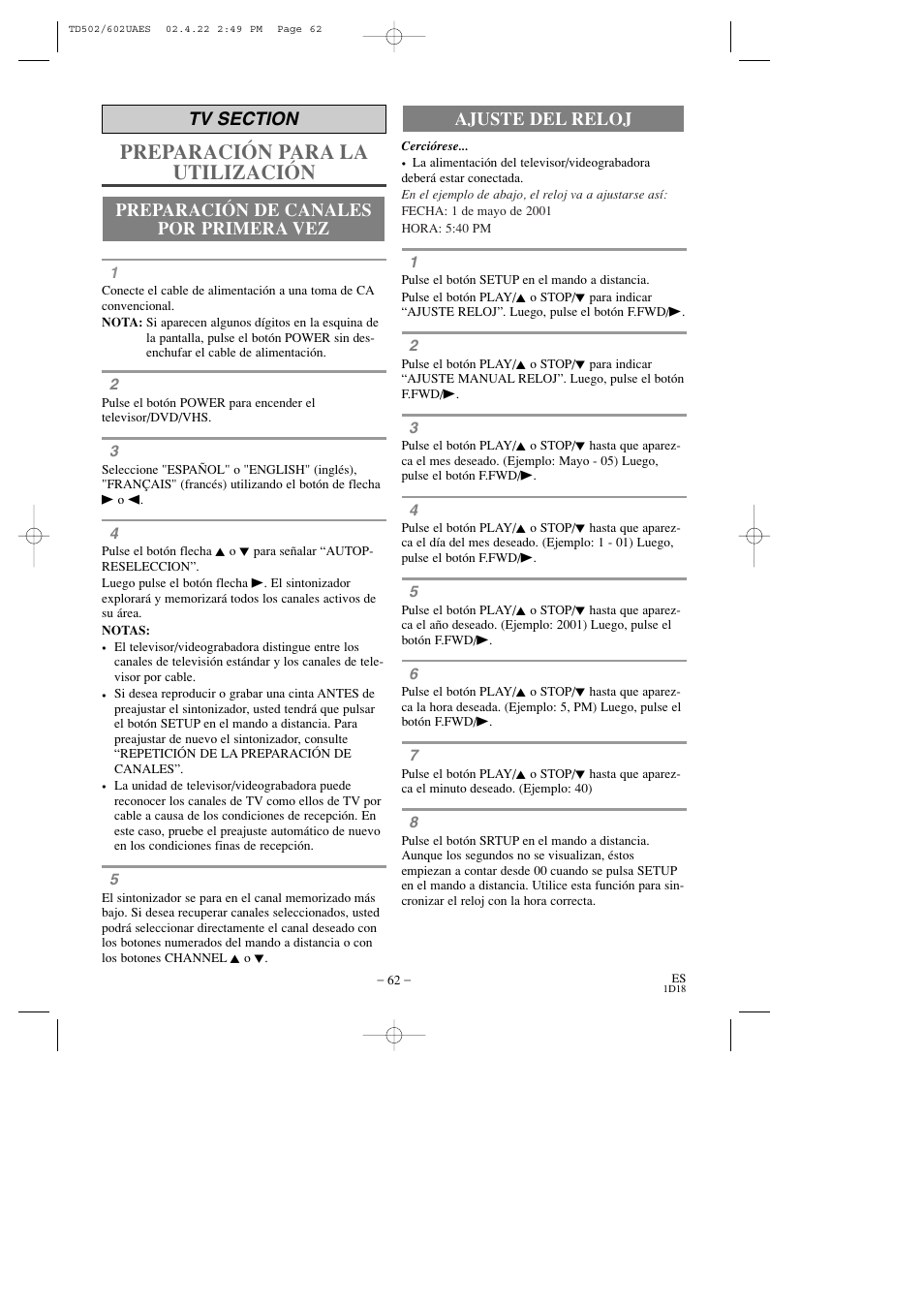 Preparación para la utilización, Ajuste del reloj | Sylvania 19 Inch SSC719C User Manual | Page 62 / 64